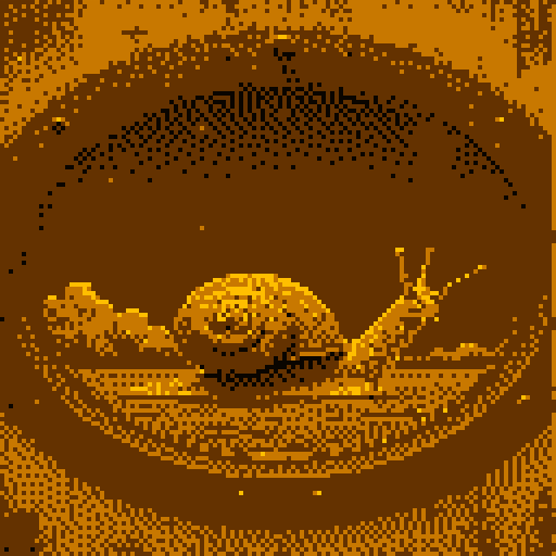 Portret ślimaka w owalnej ramie — amber sepia pixel art, Limax Maximus w stylu retro portretu filozoficznego, minimalistyczny, powolny. LSB: wolno. wszystko wolno. 776f6c6e6f.org -"